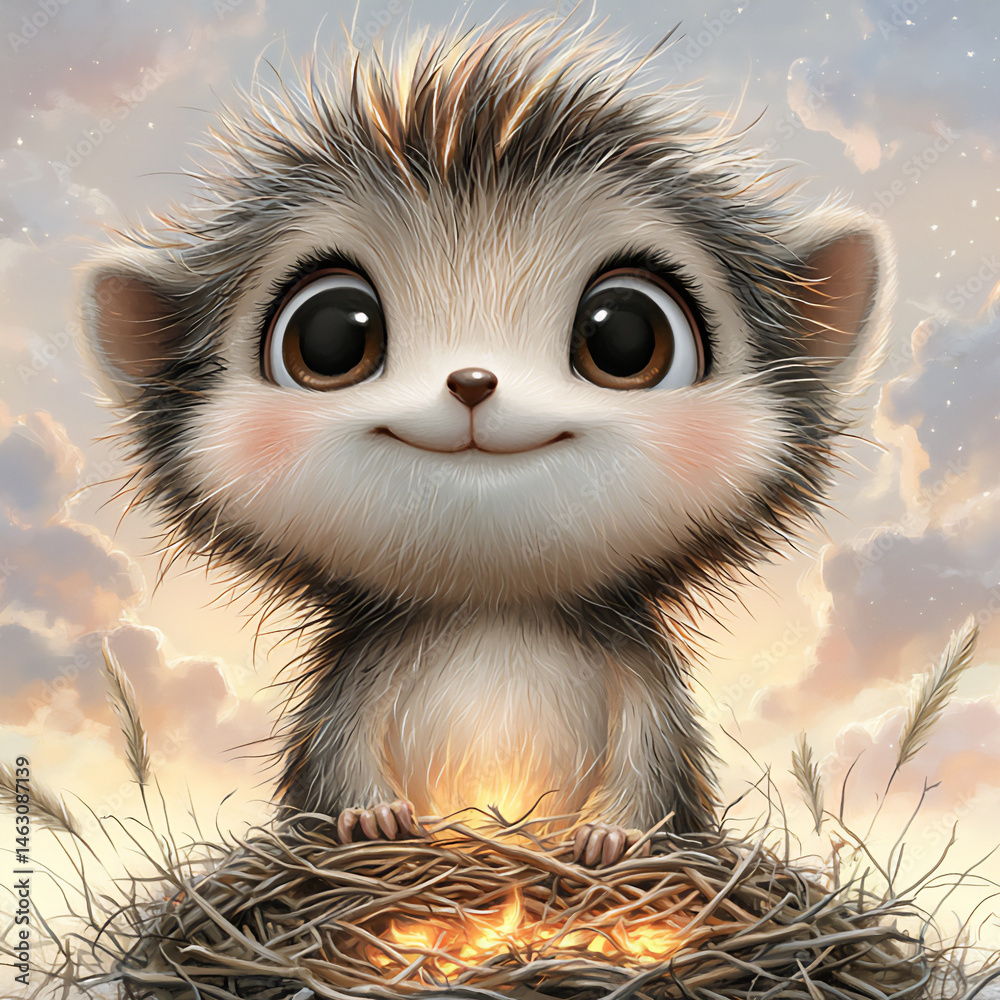 Fototapeta premium endearing cartoon phoenix chick emerging