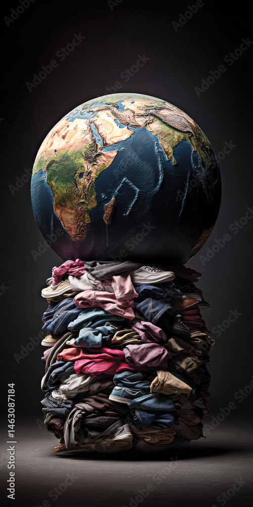 A powerful visual representation of the global textile waste crisis, showcasing a mountain of discarded clothing beneath the Earth, symbolizing the environmental burden of fast fashion.