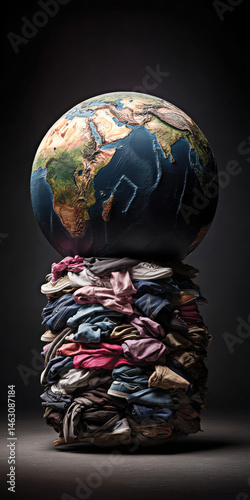 Obraz na płótnie A powerful visual representation of the global textile waste crisis, showcasing a mountain of discarded clothing beneath the Earth, symbolizing the environmental burden of fast fashion. w salonie