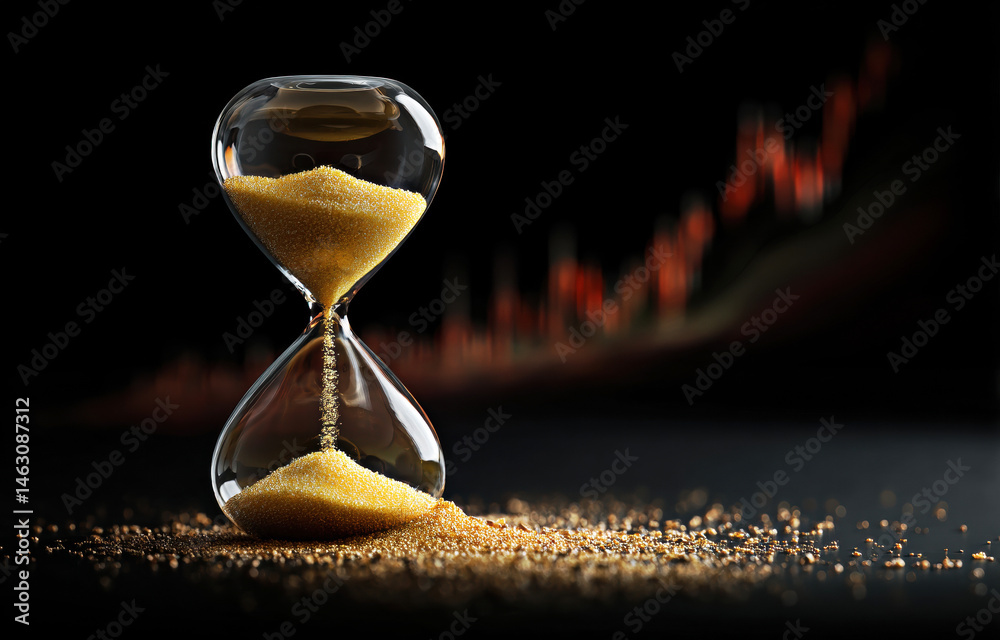 This stunning close-up captures a glass hourglass filled with golden sand, symbolizing the passage of time against a blurred financial graph backdrop.