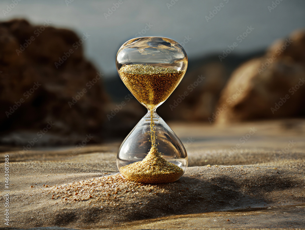 This artistic depiction of a golden hourglass on a sandy surface captures the passage of time, evoking a sense of nostalgia and reflection in a serene natural setting.