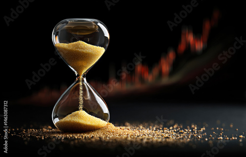 Obraz na płótnie This stunning close-up captures a glass hourglass filled with golden sand, symbolizing the passage of time against a blurred financial graph backdrop. w salonie