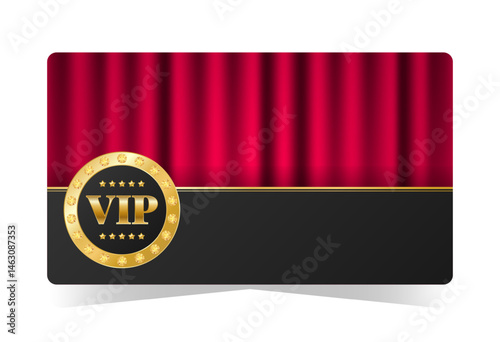 Gold VIP card with red draped curtains. Vector illustration for theatre, club, cinema, casino