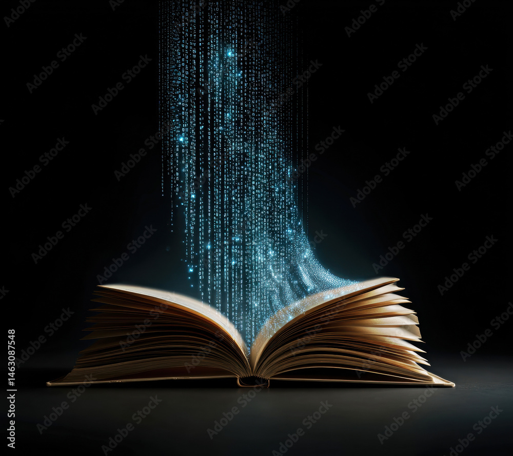 An intricately open book emits glowing binary code, symbolizing the fusion of literature and technology, emphasizing the transformative power of knowledge in the digital era.