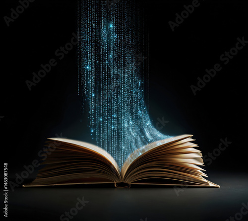 Obraz na płótnie An intricately open book emits glowing binary code, symbolizing the fusion of literature and technology, emphasizing the transformative power of knowledge in the digital era. w salonie