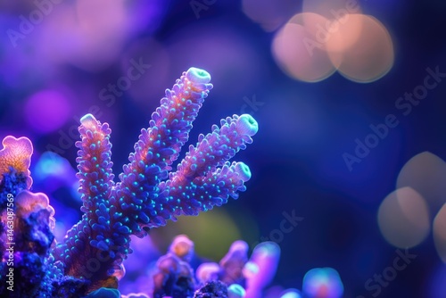A vibrant close-up of a coral reef with bright blue polyps, glowing against a purple and blue backdrop, creating a mesmerizing underwater scene.