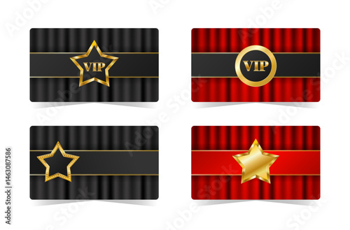 Set of VIP cards with red and black draped curtains. Vector illustration for theatre, club, cinema, casino