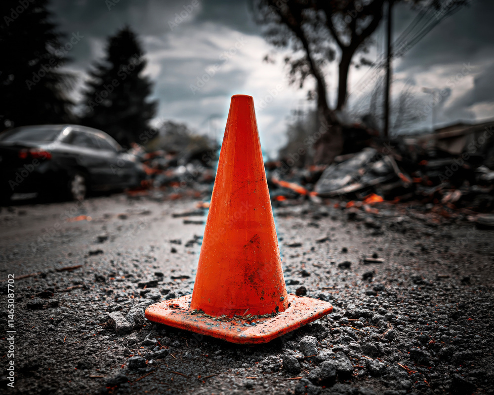 An orange traffic cone stands amidst debris on a desolate road, symbolizing disruption and the aftermath of chaos in an urban landscape.