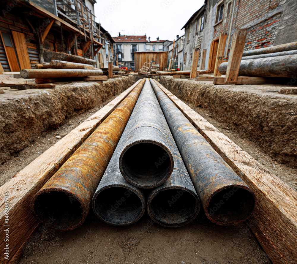 A captivating urban construction site featuring stacked pipes and wooden beams, showcasing the raw elements of building infrastructure amidst a backdrop of unfinished structures and earthy textures.