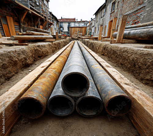 Obraz na płótnie A captivating urban construction site featuring stacked pipes and wooden beams, showcasing the raw elements of building infrastructure amidst a backdrop of unfinished structures and earthy textures. w salonie