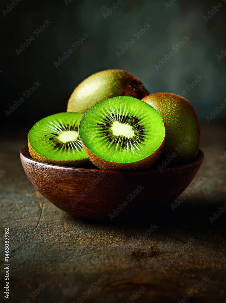 Dive into the luscious world of kiwis! This image showcases fresh, sliced kiwis in a rustic bowl, highlighting their rich green color and delicious texture.