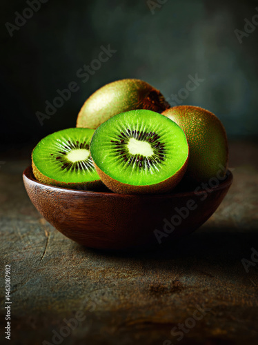 Obraz na płótnie Dive into the luscious world of kiwis! This image showcases fresh, sliced kiwis in a rustic bowl, highlighting their rich green color and delicious texture. w salonie