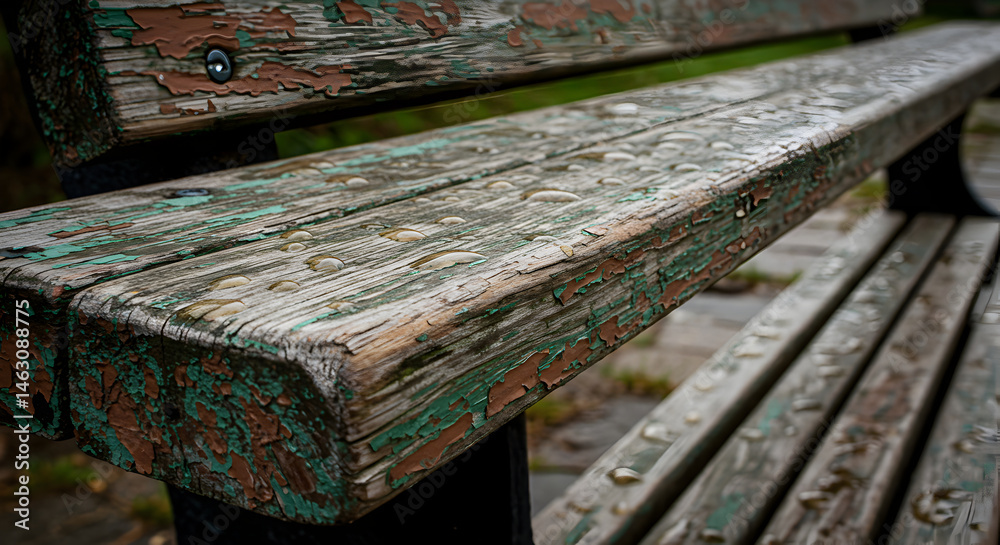 Fototapeta premium Weathered Bench Surface with Rain Drops and Flaking Paint Close Up View