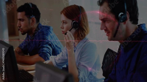 Customer service team adjusting headsets in call center, animating data charts and graphs