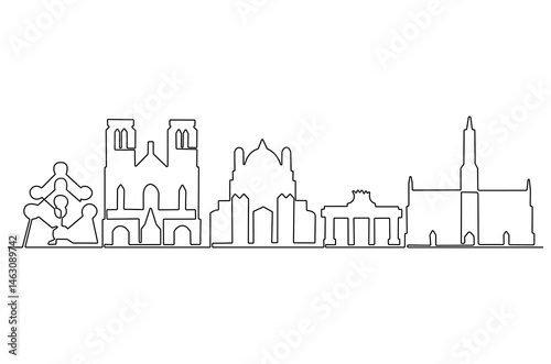 Continuous one line drawing of Brussel city skyline. Single line drawing illustration of Belgium cityscape. Beautiful buildings and architecture concept vector art. Doodle line illustration.
