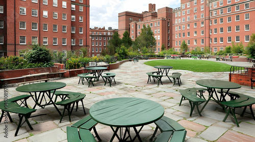 Students relax in courtyard garden between brick university buildings. Ideal for education, campus life, or outdoor space articles