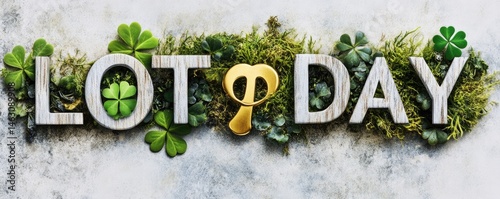 Wooden letters spelling out Lot Day surrounded by clover leaves and moss. A golden musical note sits between T and D