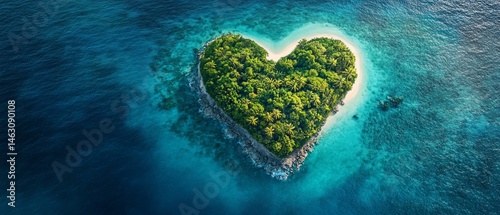 Heart-shaped island with lush green trees surrounded by turquoise sea