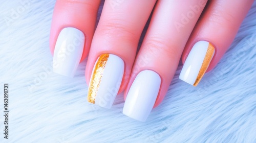Freshly manicured white nails feature a gold accent stripe, creating a chic look against a plush background in a beauty setting photo