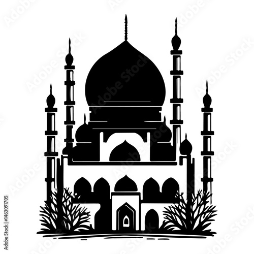 Silhouette of a majestic mosque architecture with ornate detailing and surrounding vegetation