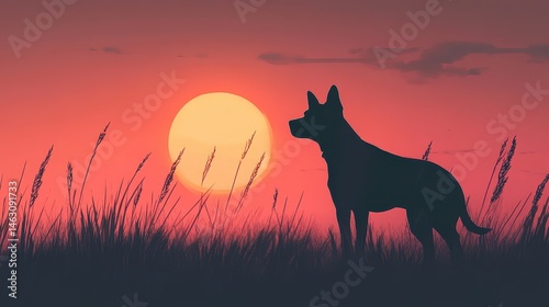 Silhouette of a Dog Standing in a Field at Dusk, Framed by a Sunset Glow