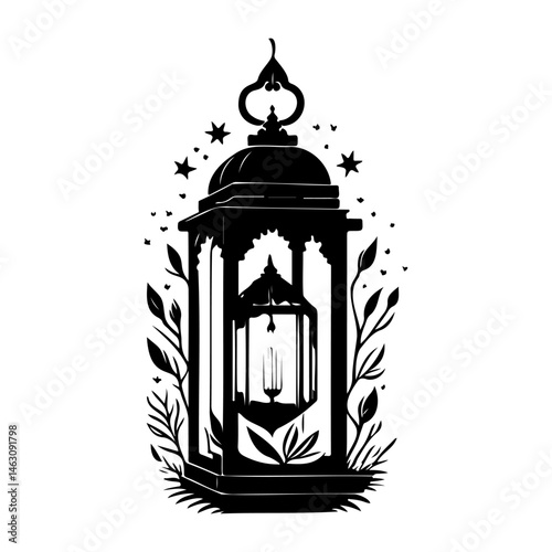 Stylized Lantern Silhouette with Botanical Elements and Celestial Accents