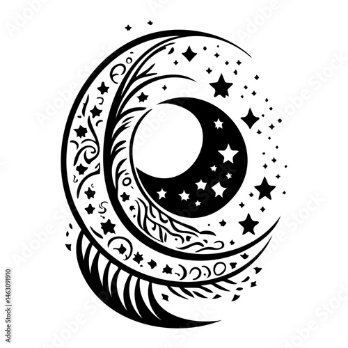 Celestial Crescent Moon and Starry Sky Art, Night's Serene Black and White Symbol