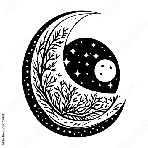 Crescent celestial artwork featuring stylized tree branches and starry night elements