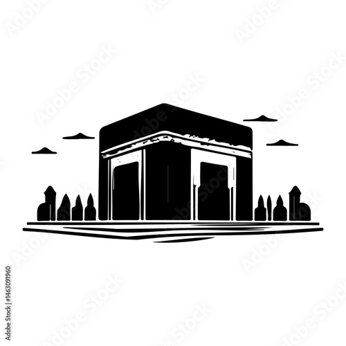 Geometric silhouette of the Kaaba, spiritual symbol in architectural minimalism