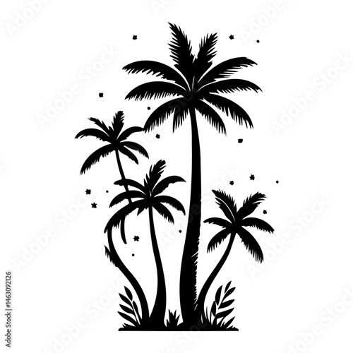 Black and white silhouette of a tropical palm tree grove against a plain backdrop