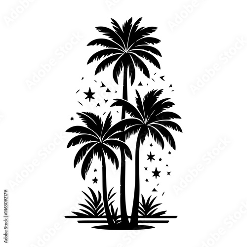 Stylized silhouette illustration of a trio of palm trees with celestial accents
