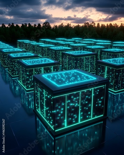 Futuristic energy storage technology system with glowing data boxes, advanced energy storage technology in smart grid, renewable energy storage technology concept visualization