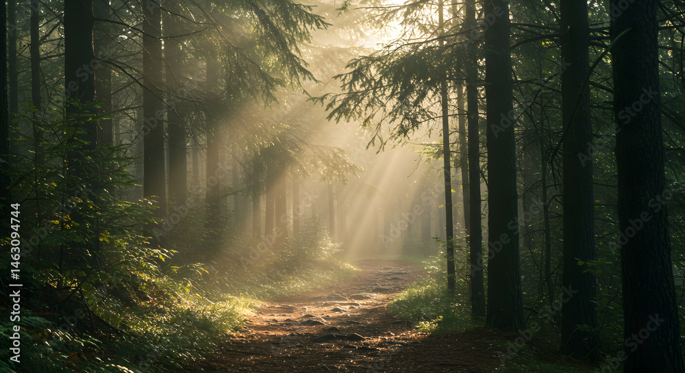 Fototapeta premium Sunlit Forest Path Through An Enchanted Woodland Realm At Sunrise