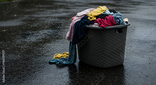 Abandoned Laundry Basket With Clothes on a Wet Asphalt Road Outdoor