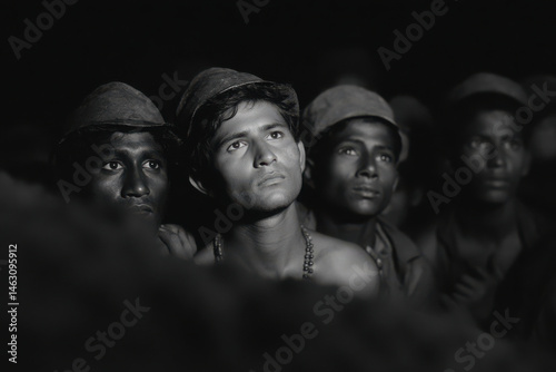 group of weary miners emerging from depths of coal mine their faces showing exhaustion and determination