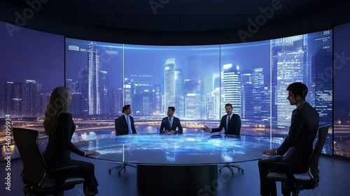 Futuristic corporate strategy meeting with city skyline backdrop and modern technology