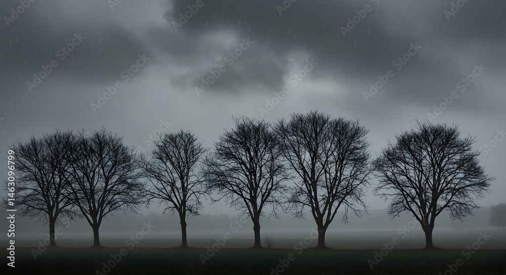 Fototapeta premium Monochrome Landscape: Five Trees Standing Silently Under a Stormy Sky