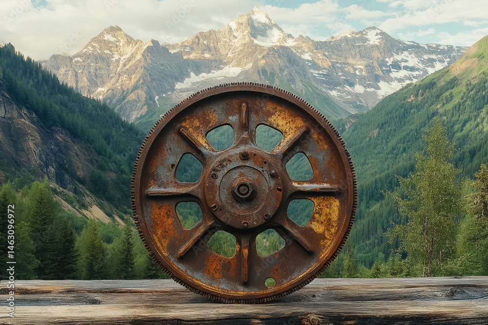 Fototapeta premium A rusty cogwheel sits on weathered wood with mountains and green valleys in the background, creating a contrasting image.
