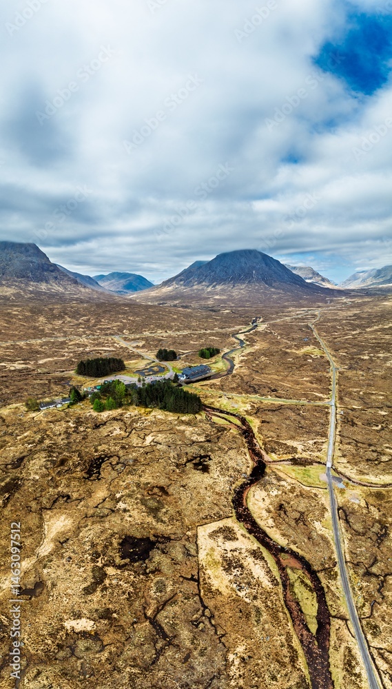 Moors and Road A82 over Glencoe Valley from a drone, Highland, Scotland