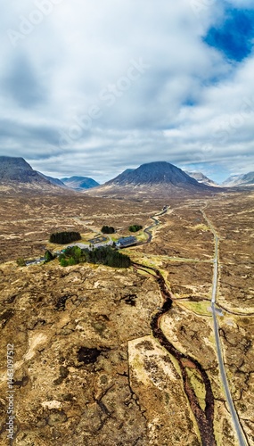 Obraz na płótnie Moors and Road A82 over Glencoe Valley from a drone, Highland, Scotland w salonie