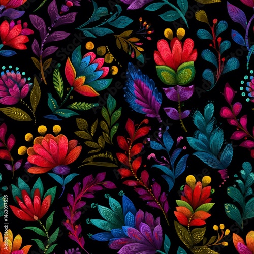Vibrant floral pattern with colorful painted flowers and leaves on a black background. Seamless pattern.