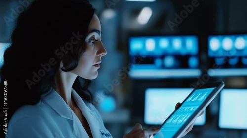 Female scientist analyzing data on tablet in research laboratory at night
