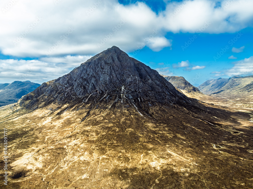 Buachaille Etive Mòr or The Buachaille from a drone, Glen Etive, Highlands, Scotland