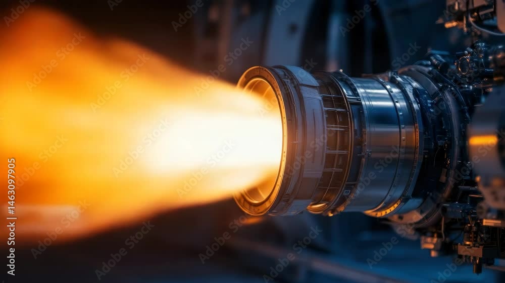A powerful jet engine is tested, generating a massive flame and strong thrust