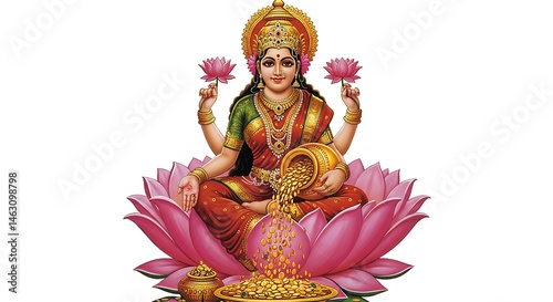 A divine image of Goddess Lakshmi sitting on a lotus and pouring coins, centered on a plain white background
