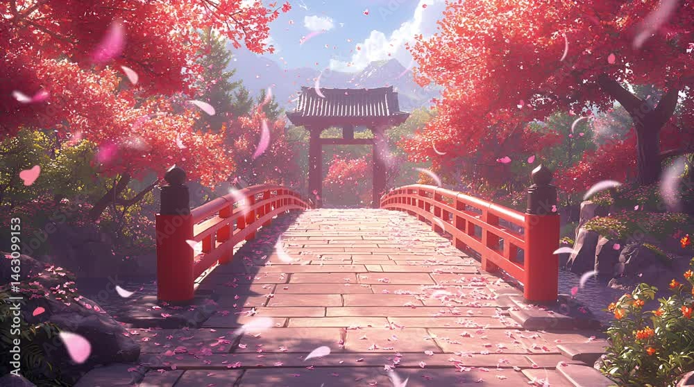 Red Bridge In A Japanese Garden With Falling Cherry Blossoms. Seamless looping 4k video background 