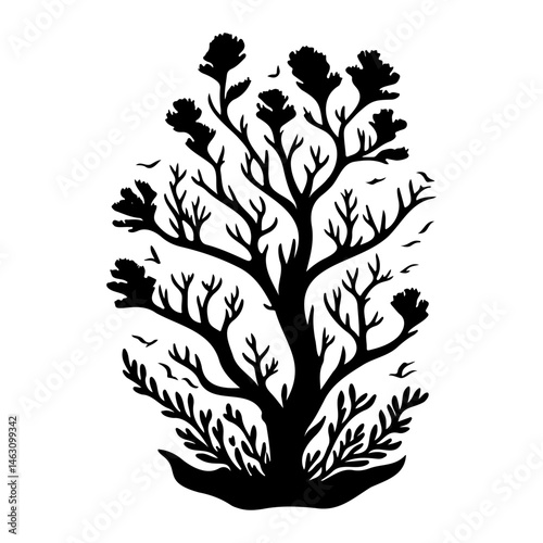 Monochrome Silhouette of a Spreading Arboreal Form Adorned with Avian Companions