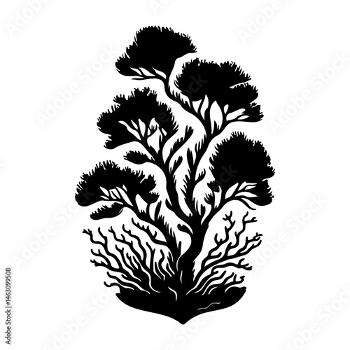 Monochrome botanical illustration featuring a stylized deciduous tree silhouette