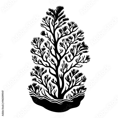 Stylized arboreal silhouette with abstract ground, creating a monochromatic motif