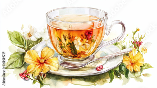 black tea in a ceramic cup watercolor illustration on white background.ai 